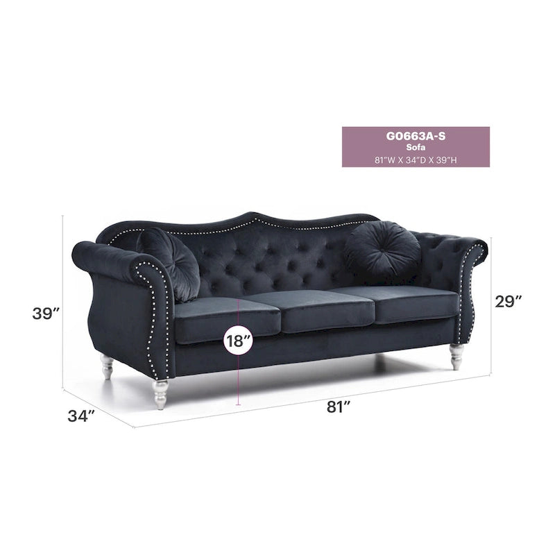 Canapé 3 places Hollywood Chesterfield en velours de 82 po avec 2 coussins décoratifs – 82L x 35P x 34H