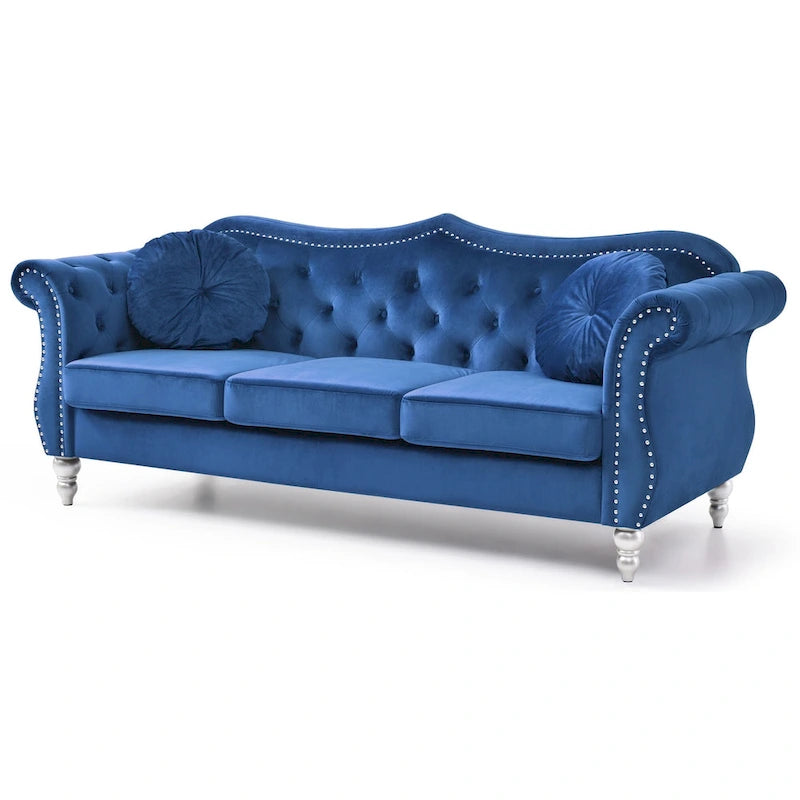 Canapé 3 places Hollywood Chesterfield en velours de 82 po avec 2 coussins décoratifs – 82L x 35P x 34H