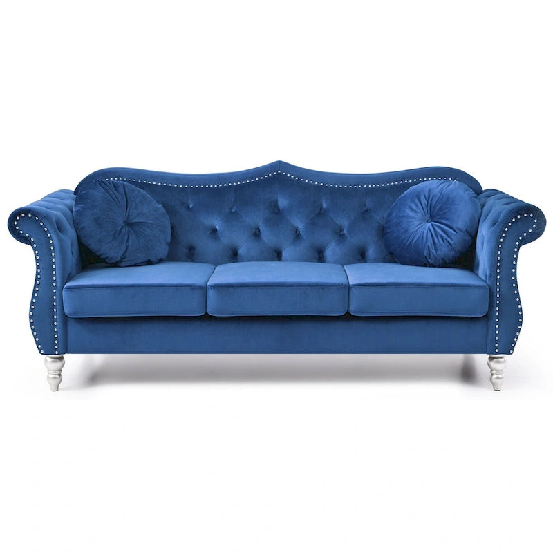 Canapé 3 places Hollywood Chesterfield en velours de 82 po avec 2 coussins décoratifs – 82L x 35P x 34H
