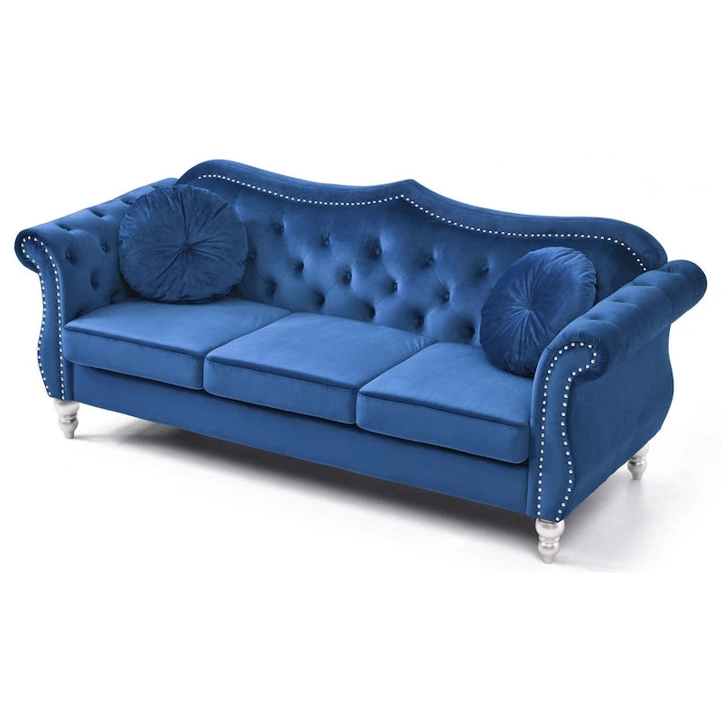 Canapé 3 places Hollywood Chesterfield en velours de 82 po avec 2 coussins décoratifs – 82L x 35P x 34H