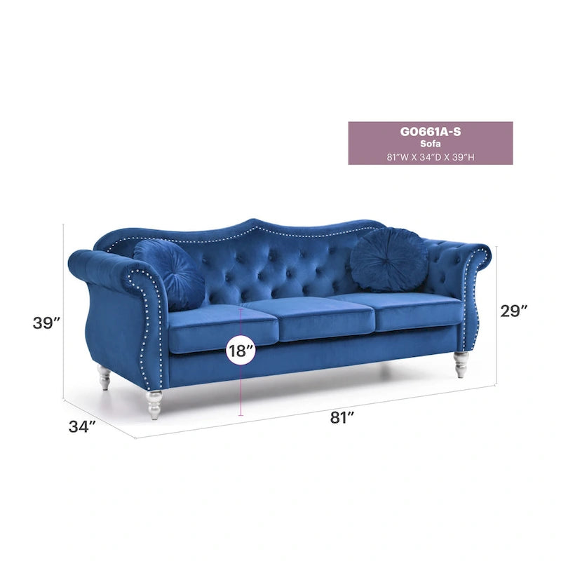 Canapé 3 places Hollywood Chesterfield en velours de 82 po avec 2 coussins décoratifs – 82L x 35P x 34H