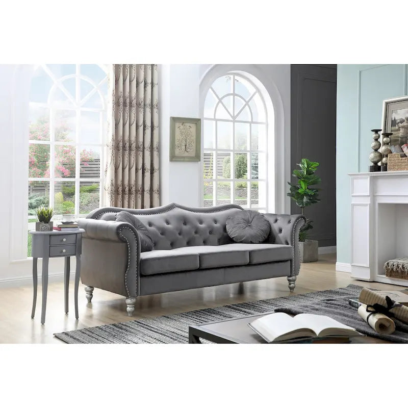 Canapé 3 places Hollywood Chesterfield en velours de 82 po avec 2 coussins décoratifs – 82L x 35P x 34H