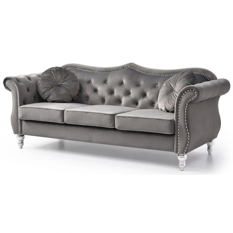 Canapé 3 places Hollywood Chesterfield en velours de 82 po avec 2 coussins décoratifs – 82L x 35P x 34H