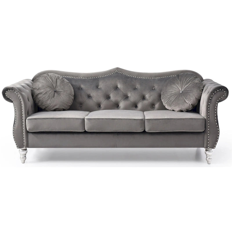 Canapé 3 places Hollywood Chesterfield en velours de 82 po avec 2 coussins décoratifs – 82L x 35P x 34H