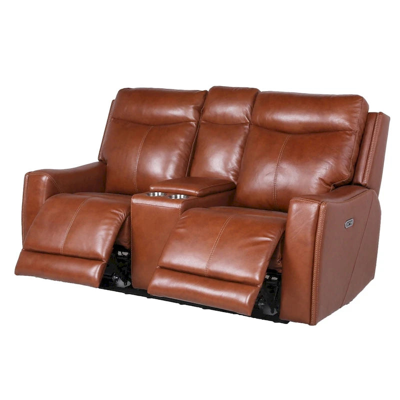 Causeuse inclinable en cuir pleine fleur Newport Power avec console par Greyson Living