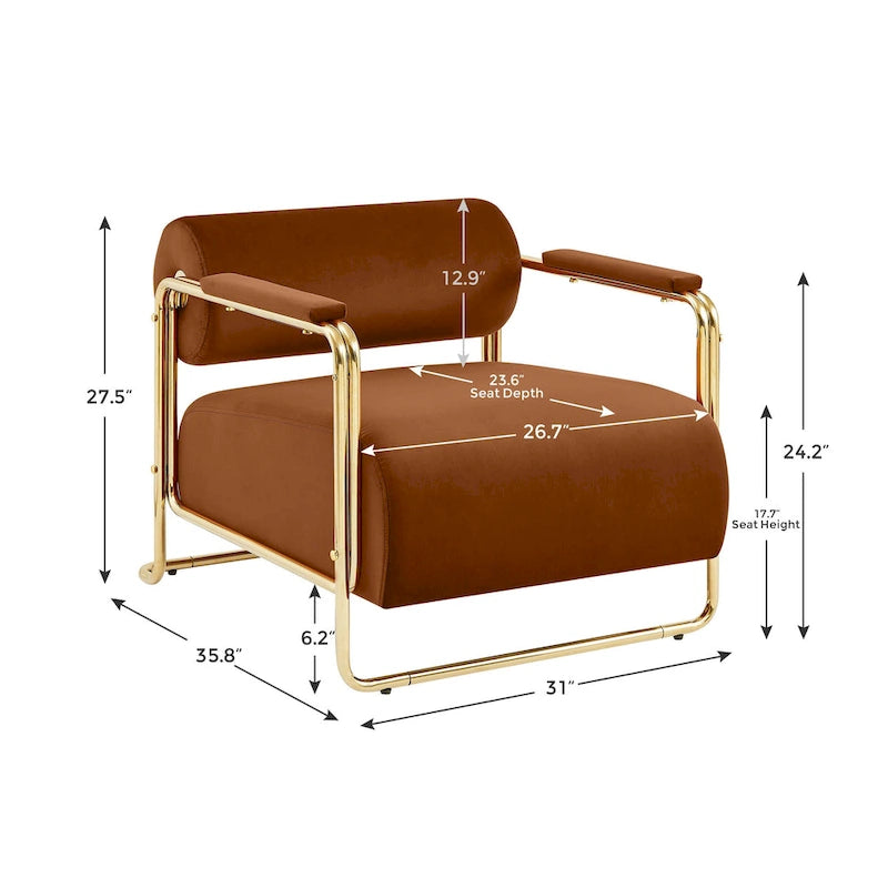 Fauteuil VANOMi 31 large en velours futuriste avec structure dorée brillante et dossier cylindrique