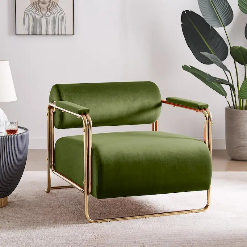 Fauteuil VANOMi 31 large en velours futuriste avec structure dorée brillante et dossier cylindrique