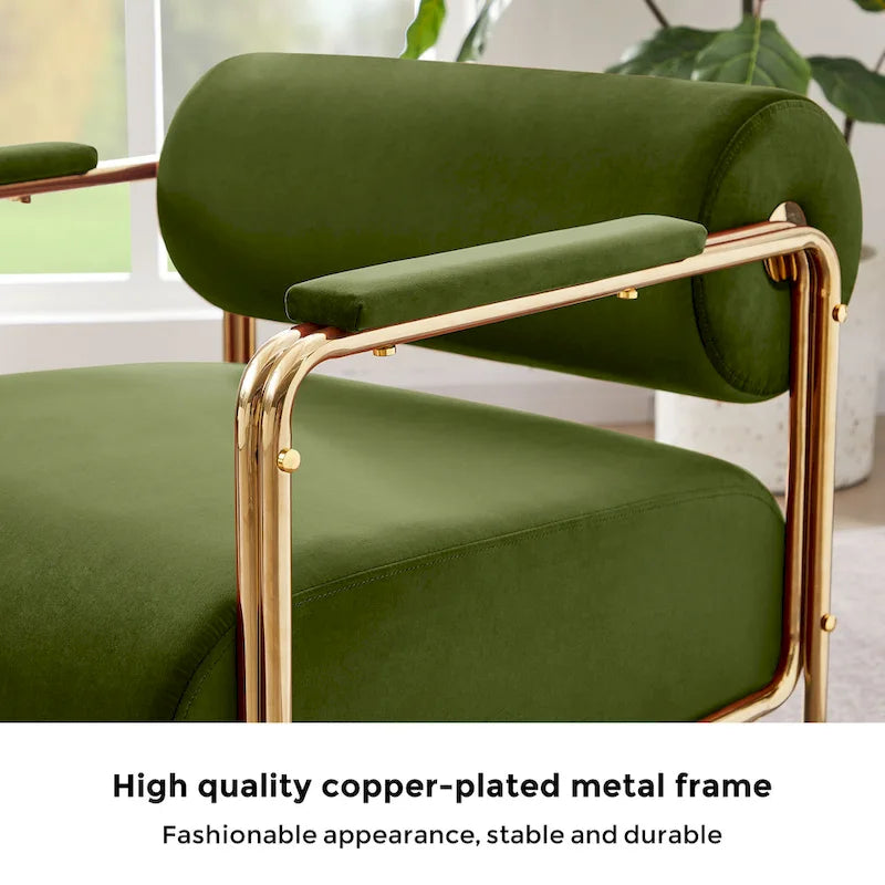 Fauteuil VANOMi 31 large en velours futuriste avec structure dorée brillante et dossier cylindrique