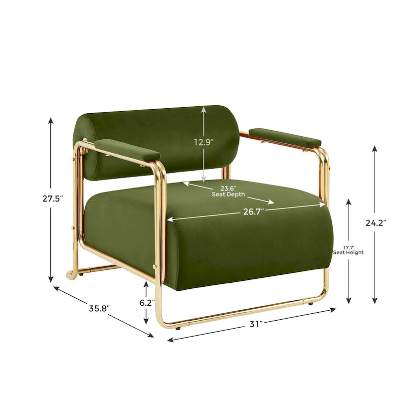 Fauteuil VANOMi 31 large en velours futuriste avec structure dorée brillante et dossier cylindrique