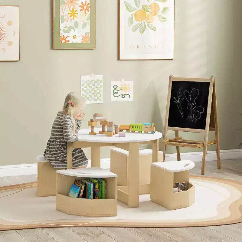 Ensemble Table et Chaises Qaba pour Enfants, Ensemble de 5 Pièces avec Rangement pour Table et Chaises pour Tout-Petits, Idéal pour l'Art, l'Artisanat, le Dessin, la Salle de Jeux, la Salle de Classe, la Crèche