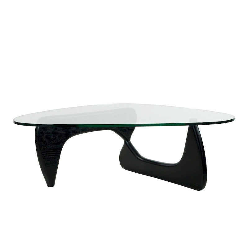 Table basse moderne du milieu du siècle avec plateau en verre trempé et base triangulaire