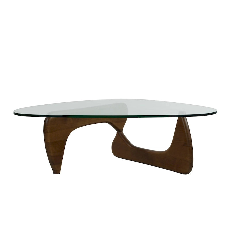 Table basse moderne du milieu du siècle avec plateau en verre trempé et base triangulaire
