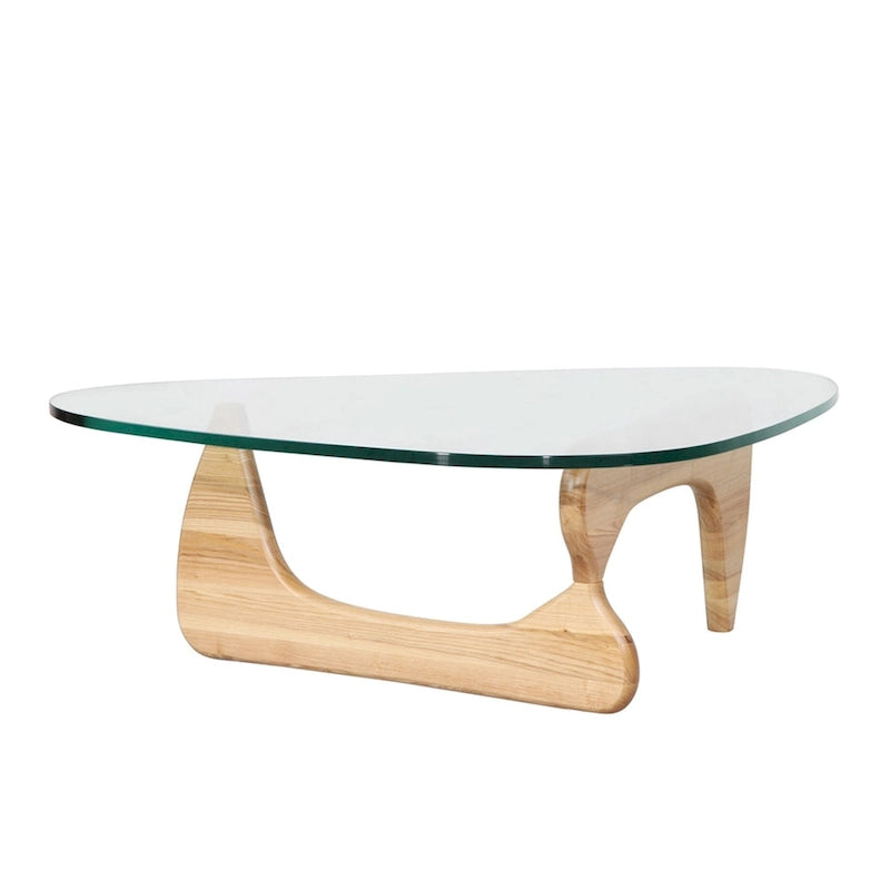Table basse moderne du milieu du siècle avec plateau en verre trempé et base triangulaire