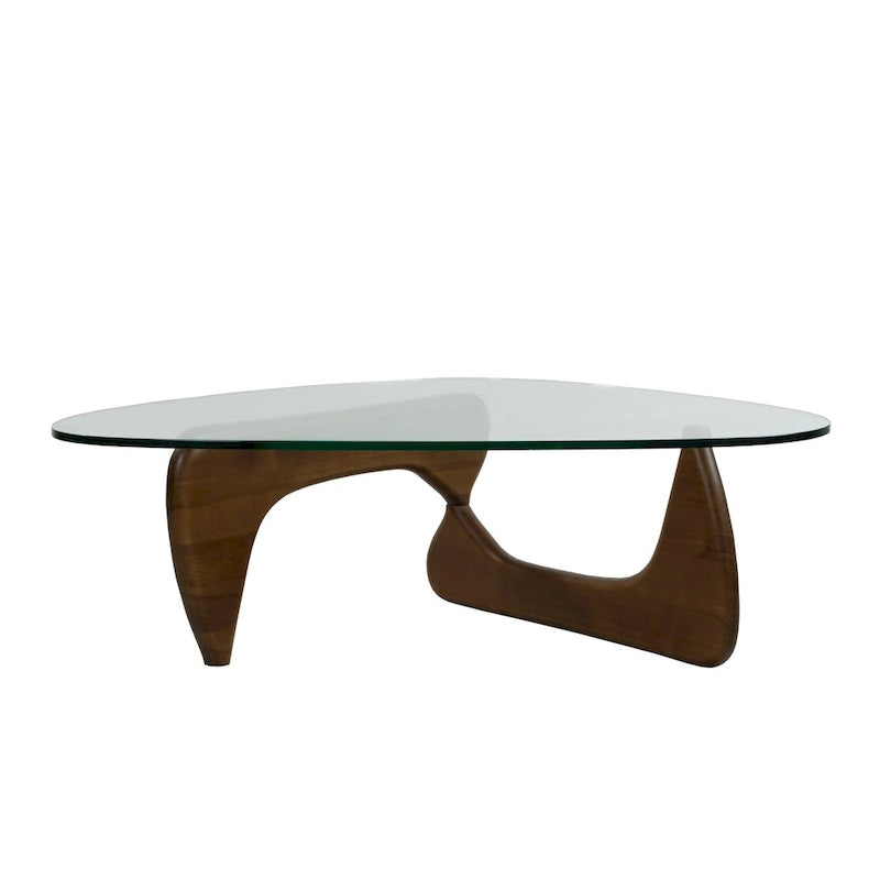 Table basse moderne du milieu du siècle avec plateau en verre trempé et base triangulaire