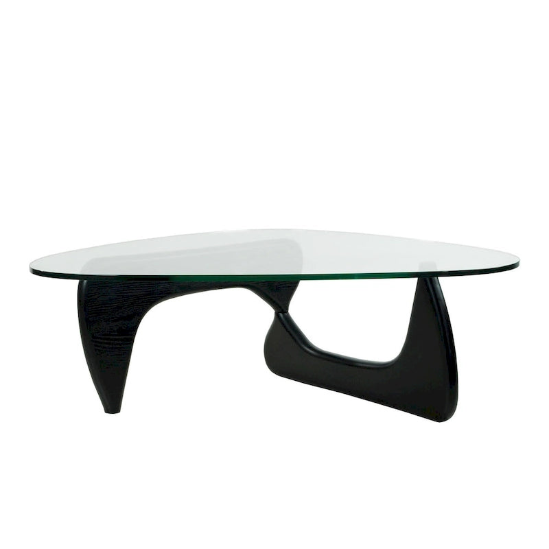 Table basse moderne du milieu du siècle avec plateau en verre trempé et base triangulaire