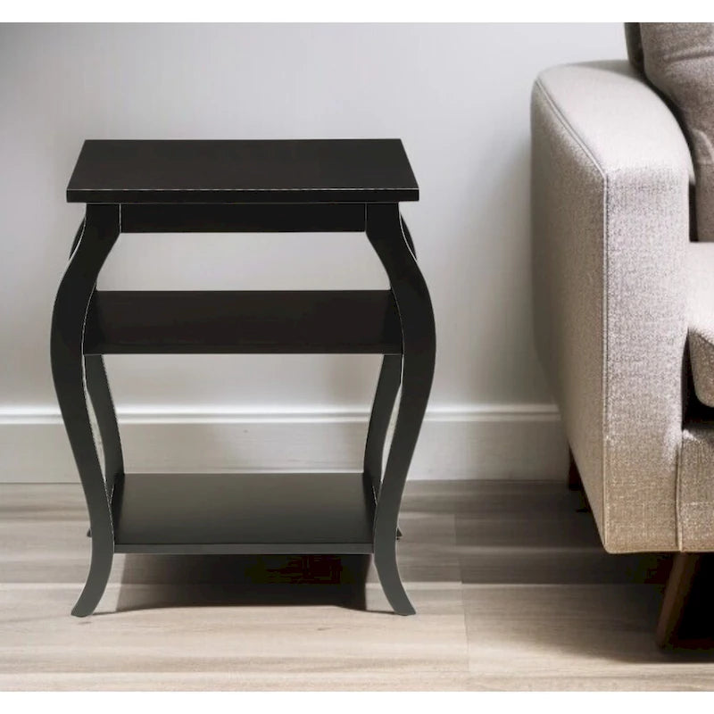 Table d'appoint à pattes arquées en bois noir à 2 étagères - 20 L x 18 P x 23 H