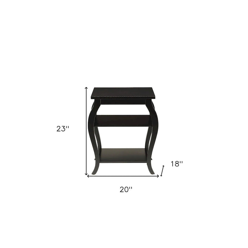 Table d'appoint à pattes arquées en bois noir à 2 étagères - 20 L x 18 P x 23 H
