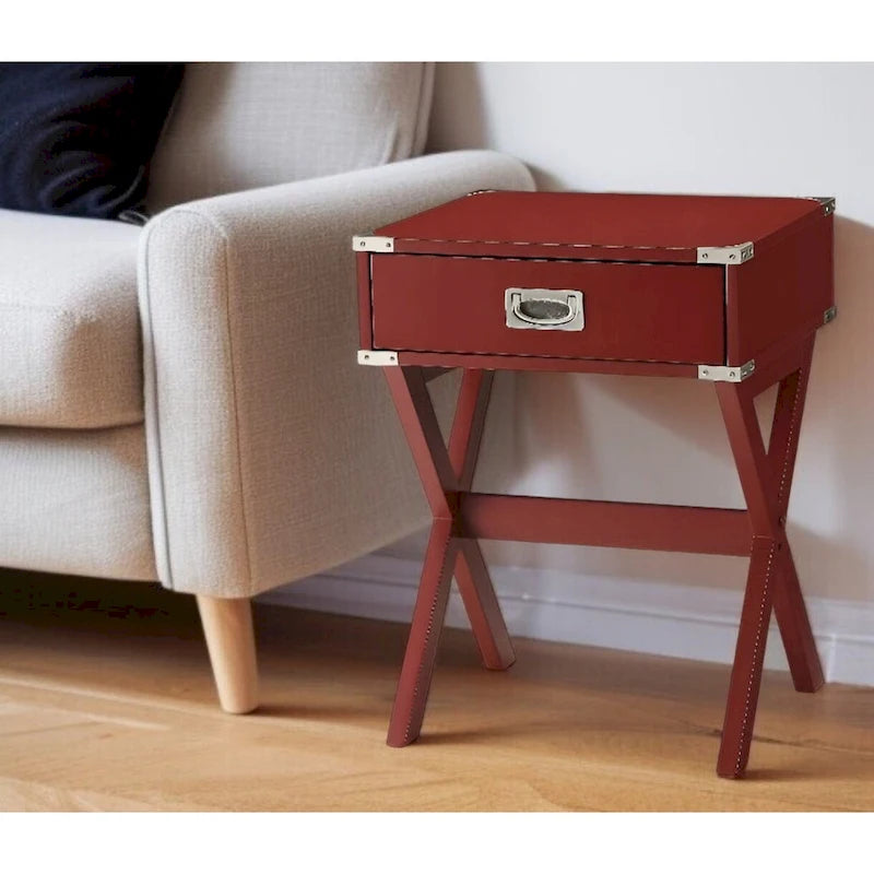 HomeRoots Table d'appoint avec pieds croisés en bois rouge et tiroir - 18 L x 16 P x 24 H