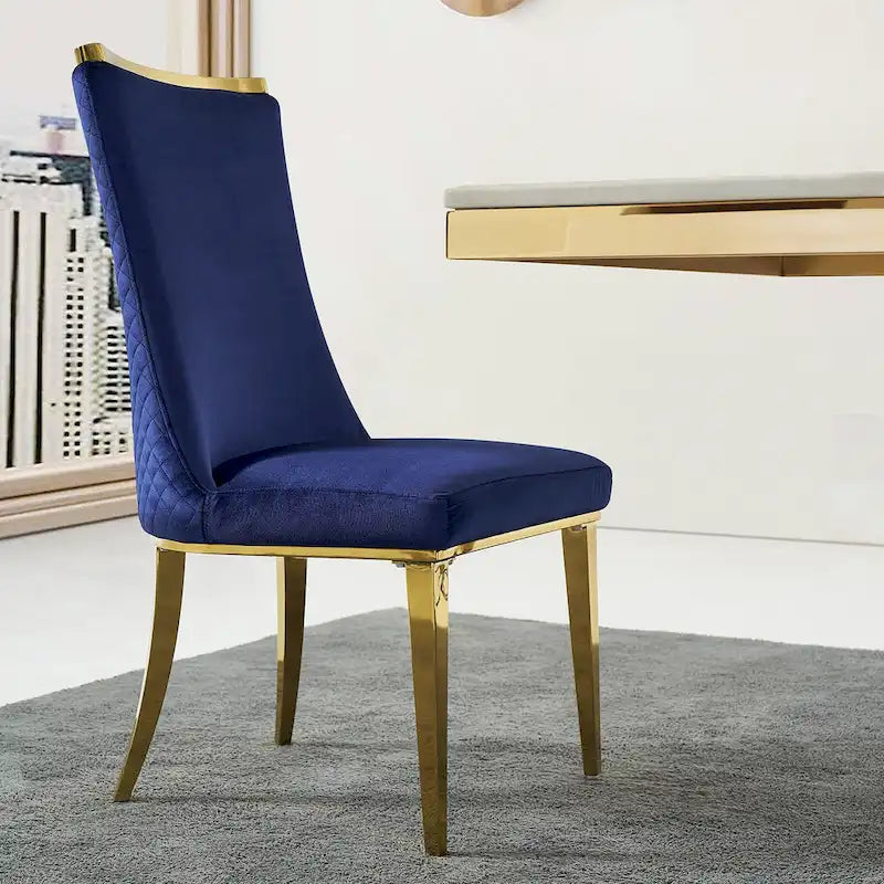 Chaises de salle à manger en velours avec dossier à texture réticulée et garniture métallique sur le dessus