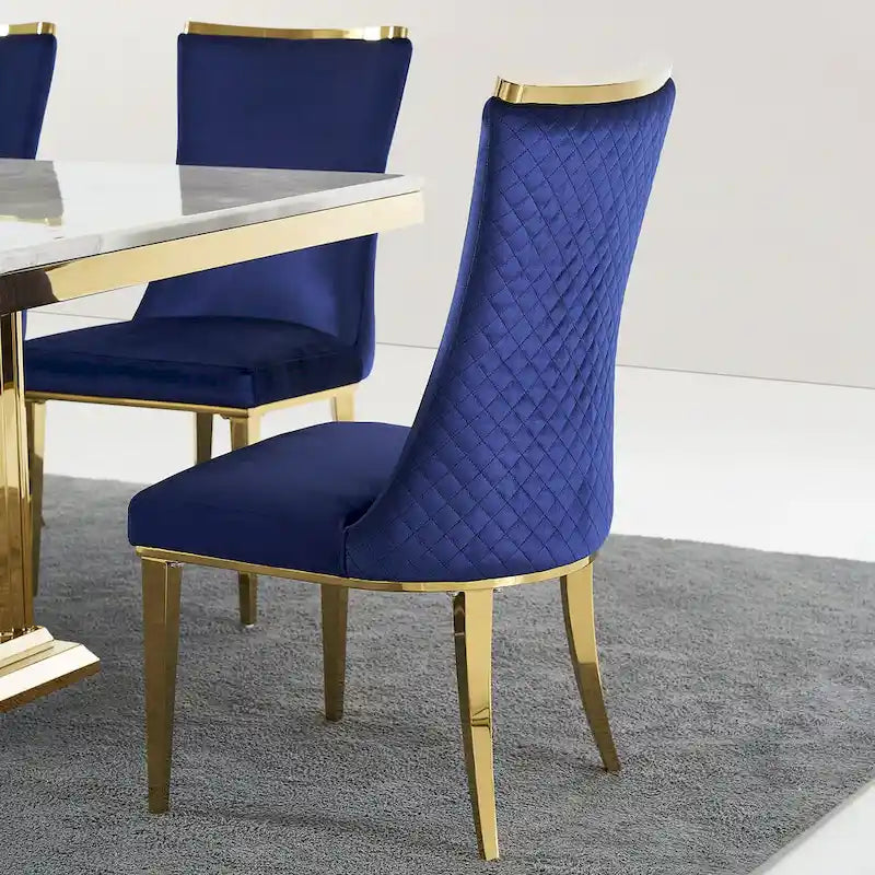 Chaises de salle à manger en velours avec dossier à texture réticulée et garniture métallique sur le dessus
