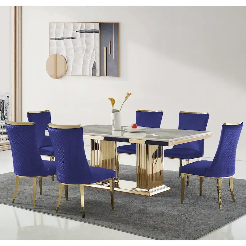 Chaises de salle à manger en velours avec dossier à texture réticulée et garniture métallique sur le dessus