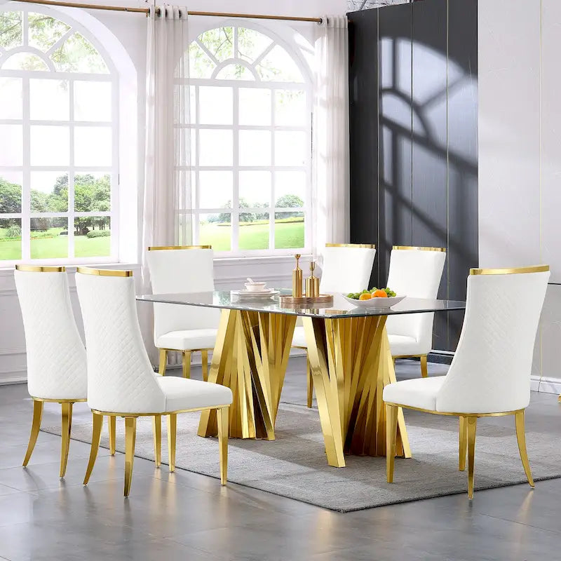 Chaises de salle à manger en velours avec dossier à texture réticulée et garniture métallique sur le dessus