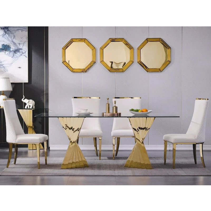 Chaises de salle à manger en velours avec dossier à texture réticulée et garniture métallique sur le dessus