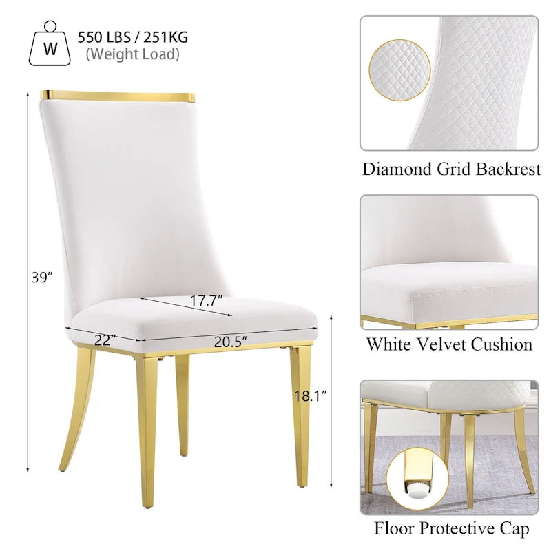 Chaises de salle à manger en velours avec dossier à texture réticulée et garniture métallique sur le dessus
