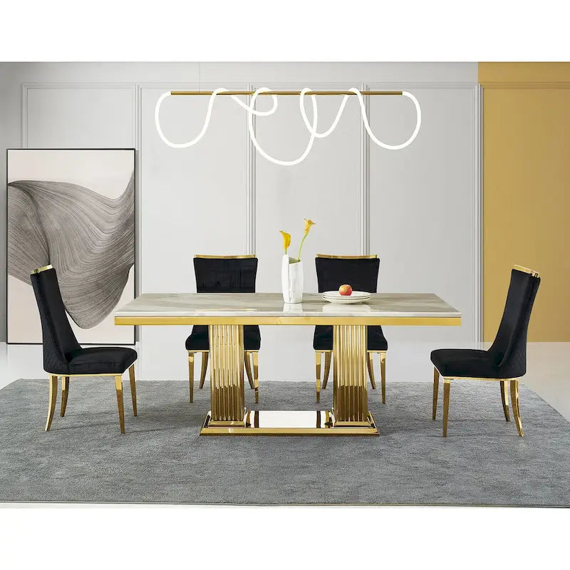 Chaises de salle à manger en velours avec dossier à texture réticulée et garniture métallique sur le dessus