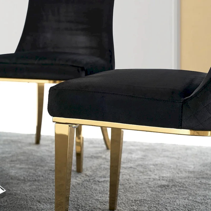 Chaises de salle à manger en velours avec dossier à texture réticulée et garniture métallique sur le dessus