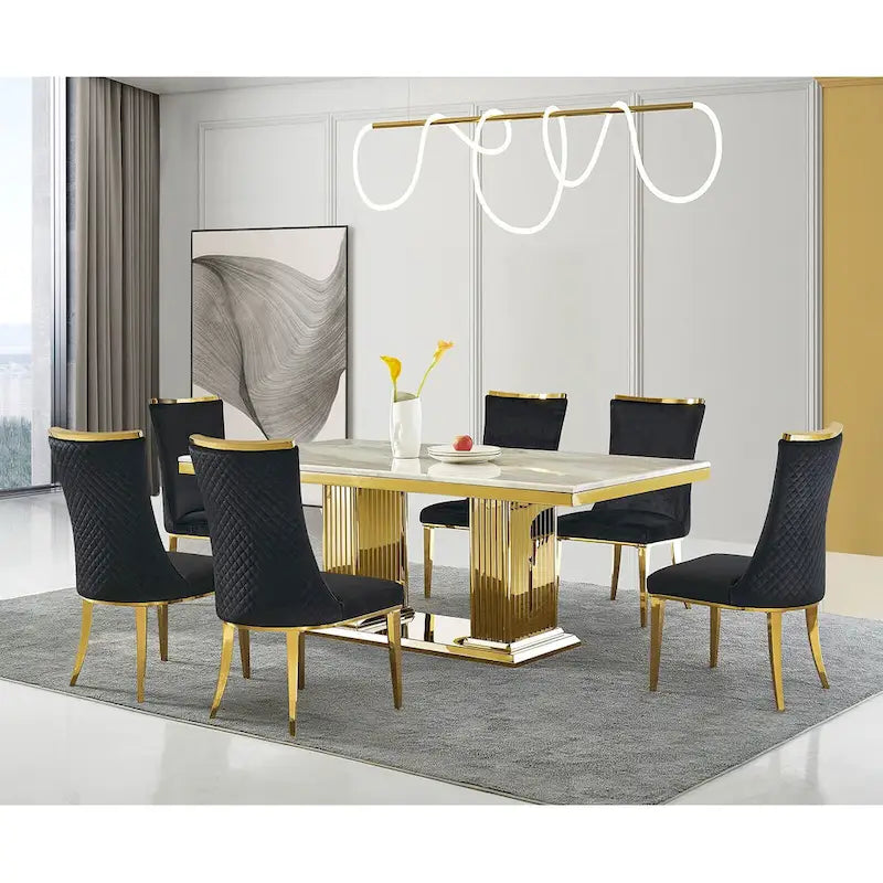 Chaises de salle à manger en velours avec dossier à texture réticulée et garniture métallique sur le dessus