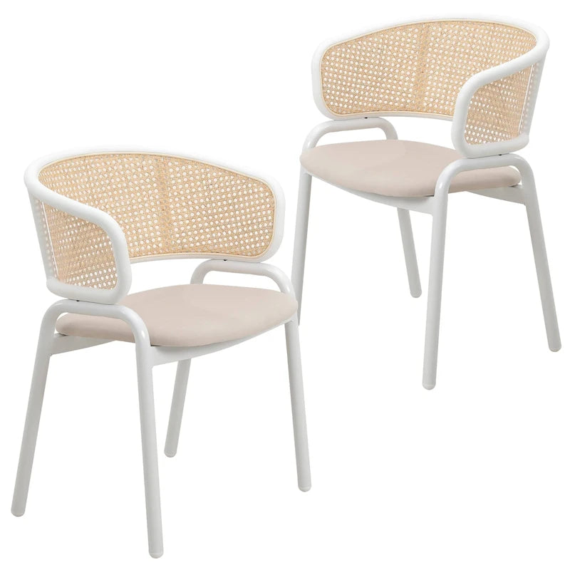 Chaise d'appoint moderne et élégante Ervilla avec dossier en rotin et pieds en acier blanc pour salle à manger et cuisine, lot de 2