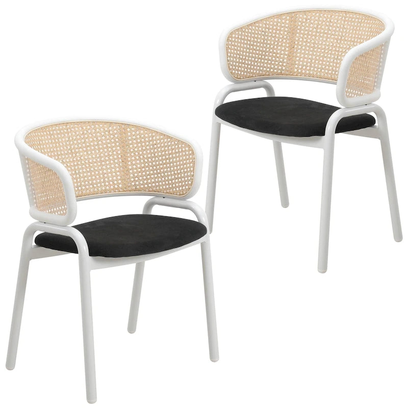 Chaise d'appoint moderne et élégante Ervilla avec dossier en rotin et pieds en acier blanc pour salle à manger et cuisine, lot de 2