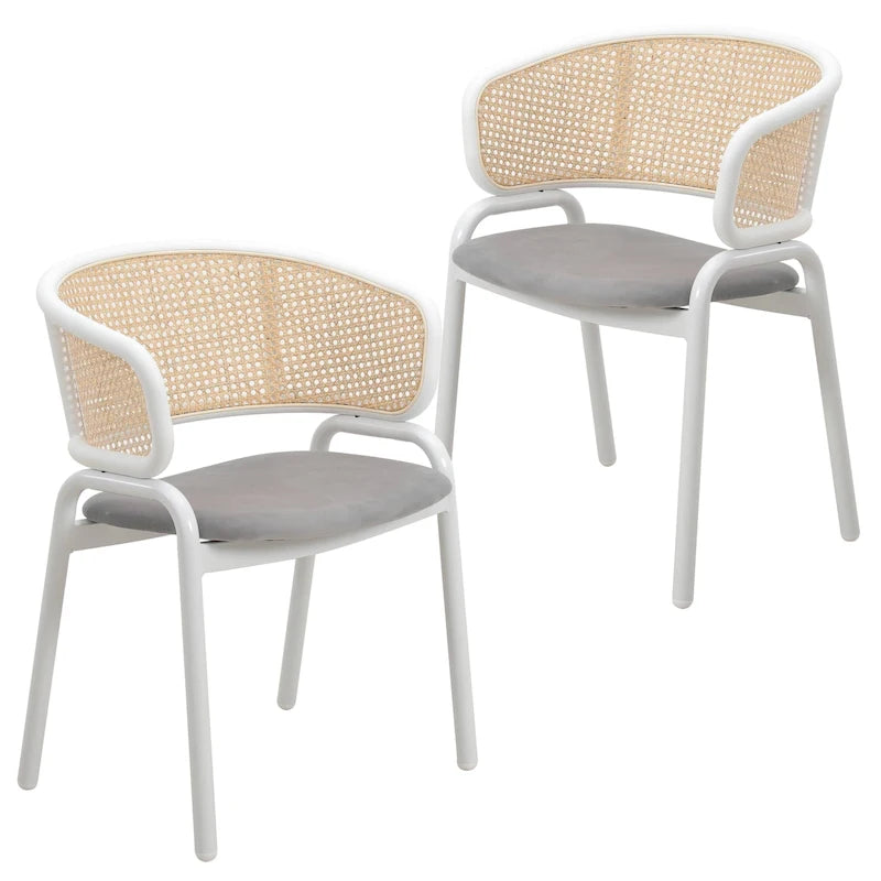 Chaise d'appoint moderne et élégante Ervilla avec dossier en rotin et pieds en acier blanc pour salle à manger et cuisine, lot de 2