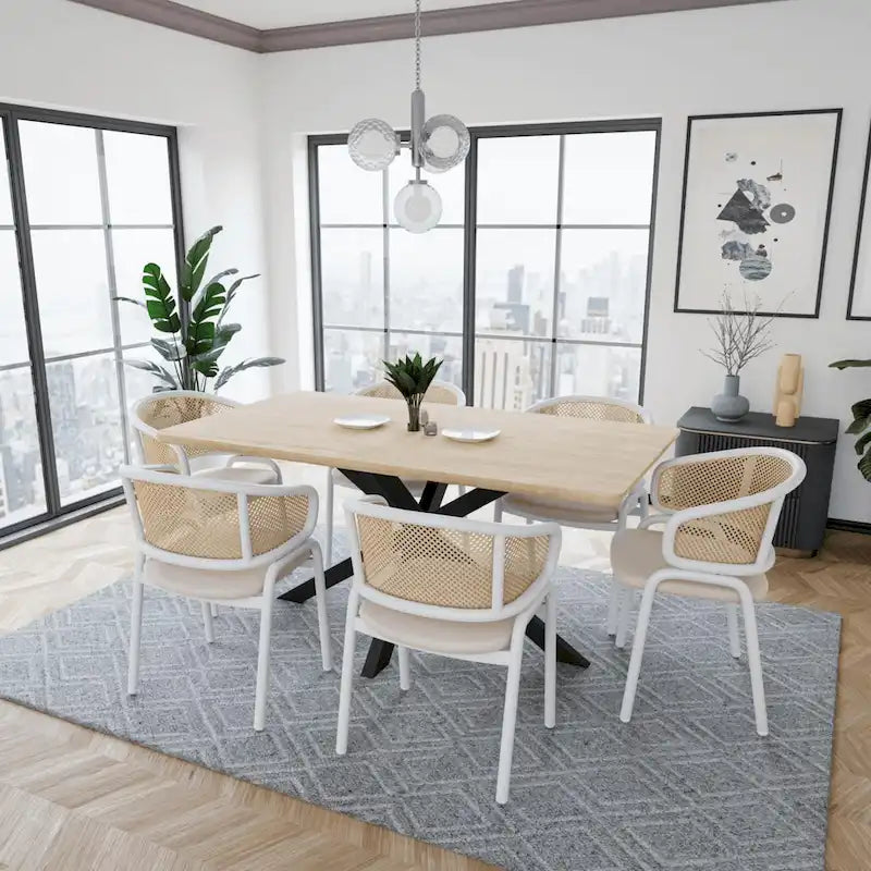 Chaise d'appoint moderne et élégante Ervilla avec dossier en rotin et pieds en acier blanc pour salle à manger et cuisine, lot de 2
