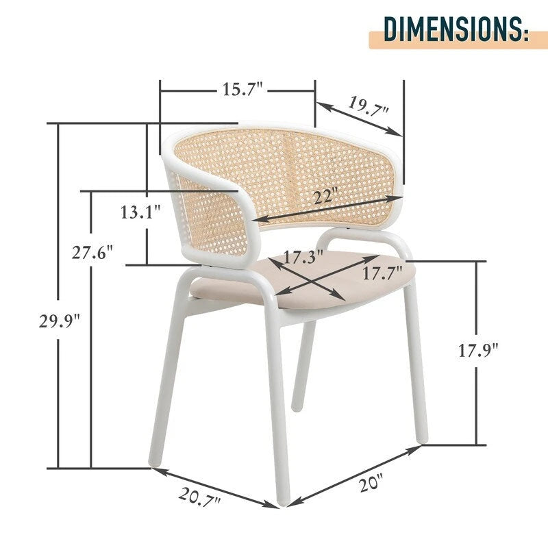 Chaise d'appoint moderne et élégante Ervilla avec dossier en rotin et pieds en acier blanc pour salle à manger et cuisine, lot de 2