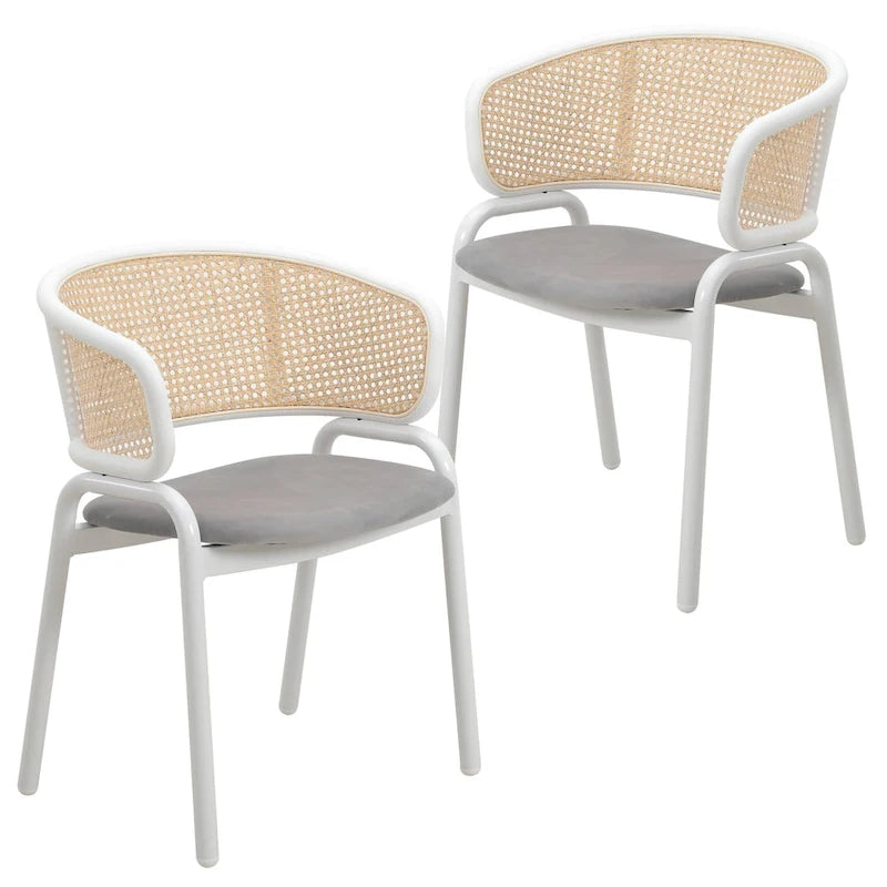 Chaise d'appoint moderne et élégante Ervilla avec dossier en rotin et pieds en acier blanc pour salle à manger et cuisine, lot de 2