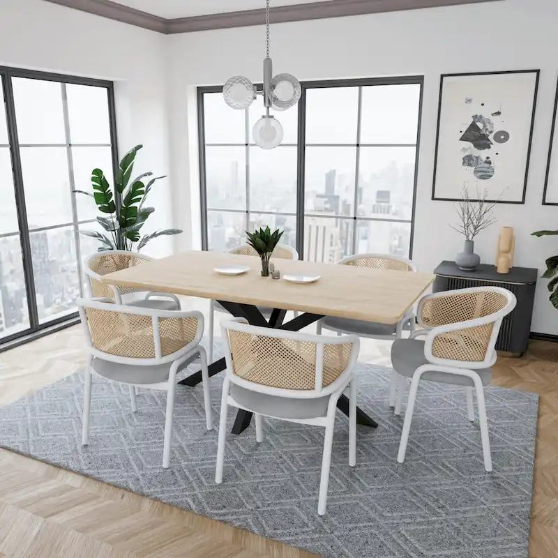 Chaise d'appoint moderne et élégante Ervilla avec dossier en rotin et pieds en acier blanc pour salle à manger et cuisine, lot de 2