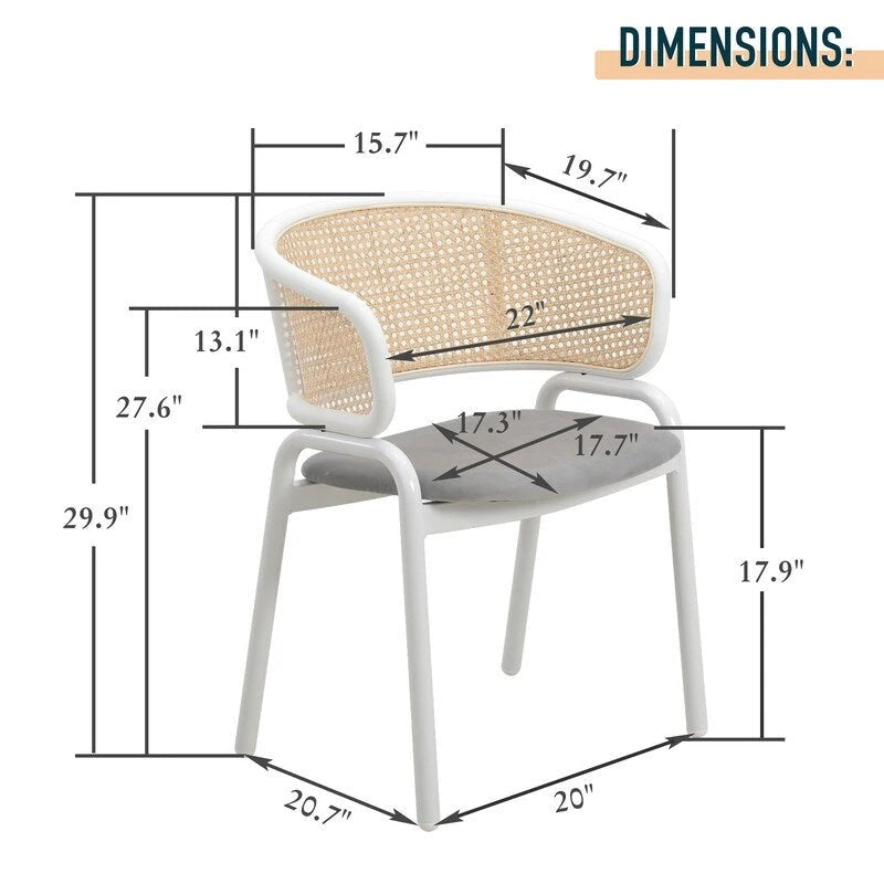 Chaise d'appoint moderne et élégante Ervilla avec dossier en rotin et pieds en acier blanc pour salle à manger et cuisine, lot de 2