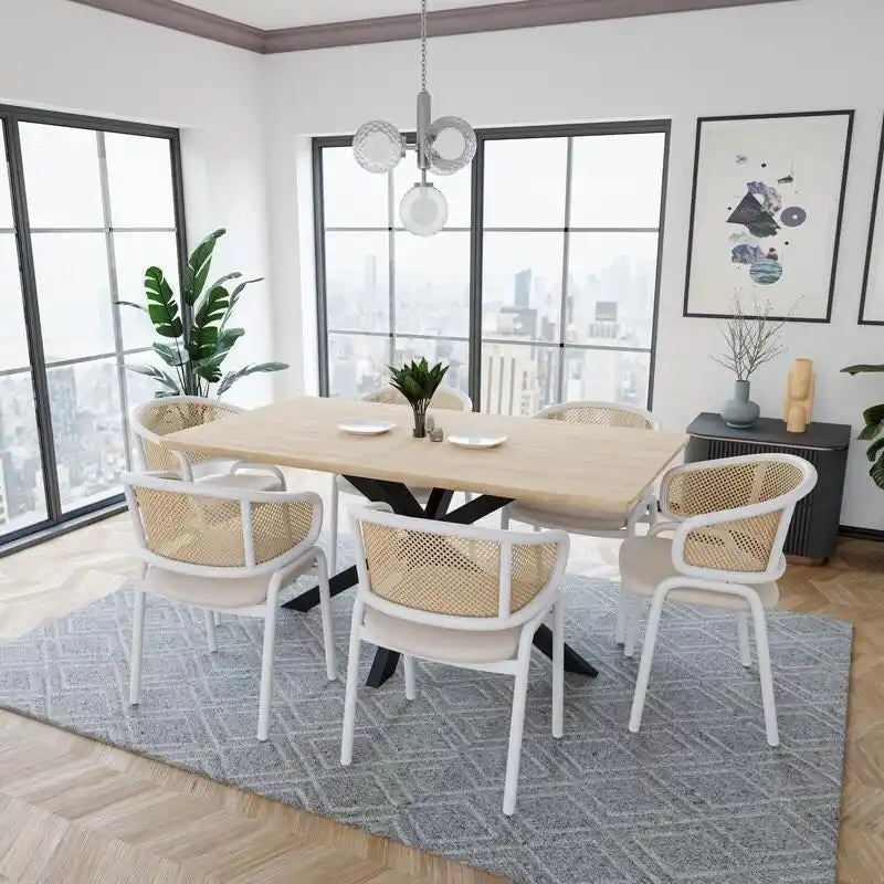 Chaise d'appoint moderne et élégante Ervilla avec dossier en rotin et pieds en acier blanc pour salle à manger et cuisine, lot de 2