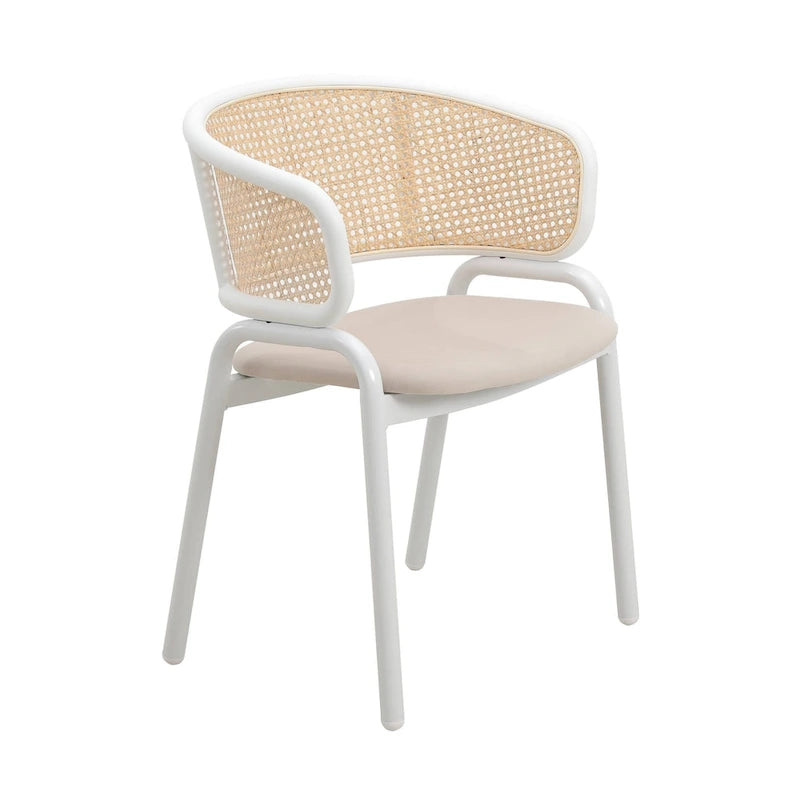 Chaise d'appoint moderne et élégante Ervilla avec dossier en rotin et pieds en acier blanc pour salle à manger et cuisine, lot de 2