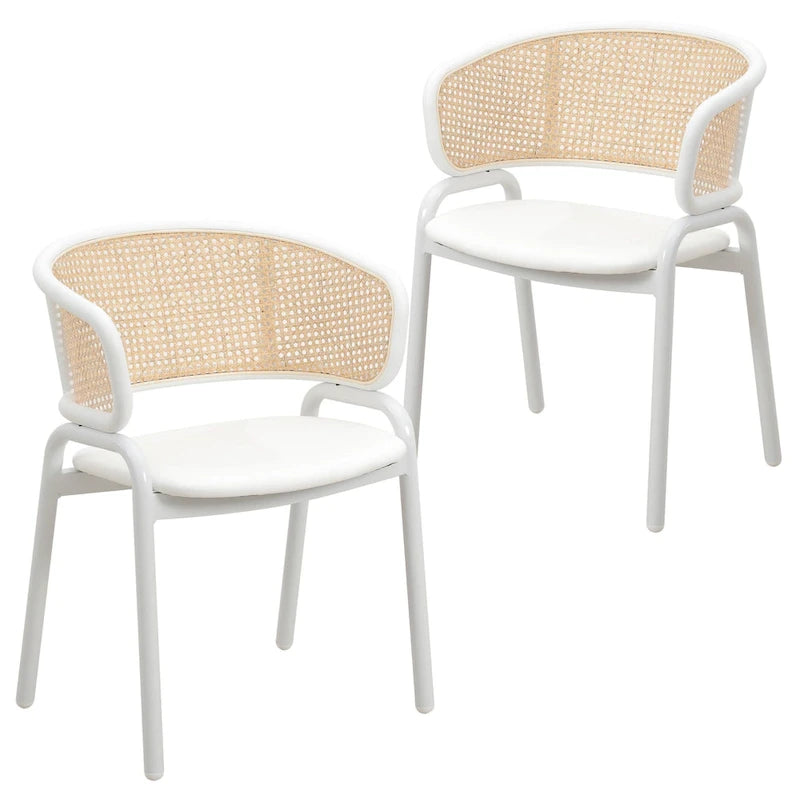 Chaise d'appoint moderne et élégante Ervilla avec dossier en rotin et pieds en acier blanc pour salle à manger et cuisine, lot de 2