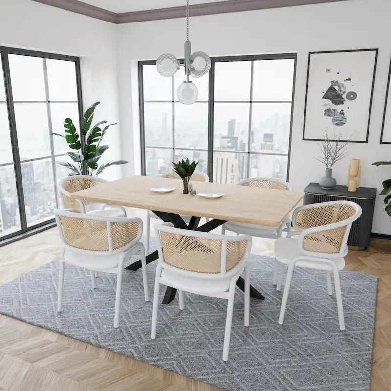 Chaise d'appoint moderne et élégante Ervilla avec dossier en rotin et pieds en acier blanc pour salle à manger et cuisine, lot de 2