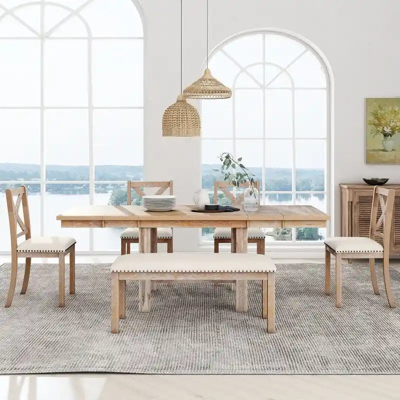 Ensemble de salle à manger et cuisine 6 pièces, table à manger extensible en bois, 4 chaises de salle à manger rembourrées et un banc, deux rallonges amovibles de 28 cm