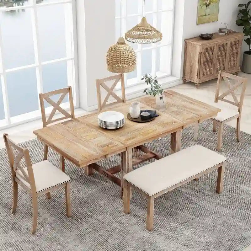 Ensemble de salle à manger et cuisine 6 pièces, table à manger extensible en bois, 4 chaises de salle à manger rembourrées et un banc, deux rallonges amovibles de 28 cm