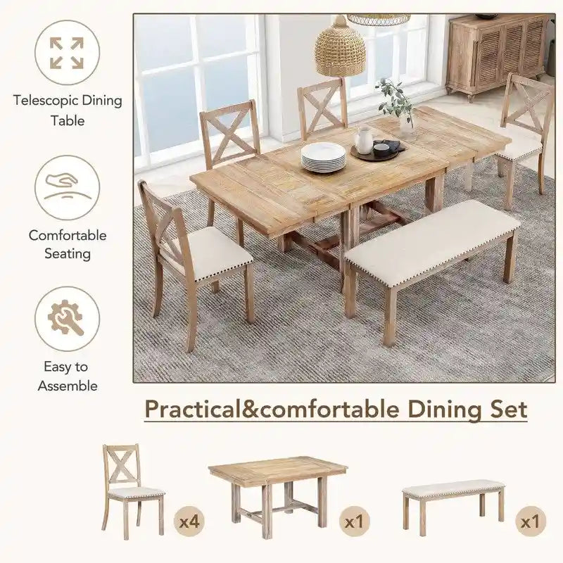Ensemble de salle à manger et cuisine 6 pièces, table à manger extensible en bois, 4 chaises de salle à manger rembourrées et un banc, deux rallonges amovibles de 28 cm