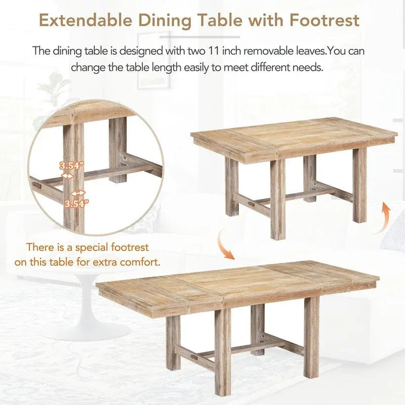 Ensemble de salle à manger et cuisine 6 pièces, table à manger extensible en bois, 4 chaises de salle à manger rembourrées et un banc, deux rallonges amovibles de 28 cm