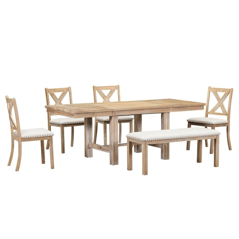 Ensemble de salle à manger et cuisine 6 pièces, table à manger extensible en bois, 4 chaises de salle à manger rembourrées et un banc, deux rallonges amovibles de 28 cm