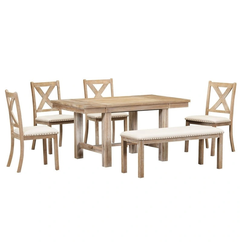 Ensemble de salle à manger et cuisine 6 pièces, table à manger extensible en bois, 4 chaises de salle à manger rembourrées et un banc, deux rallonges amovibles de 28 cm