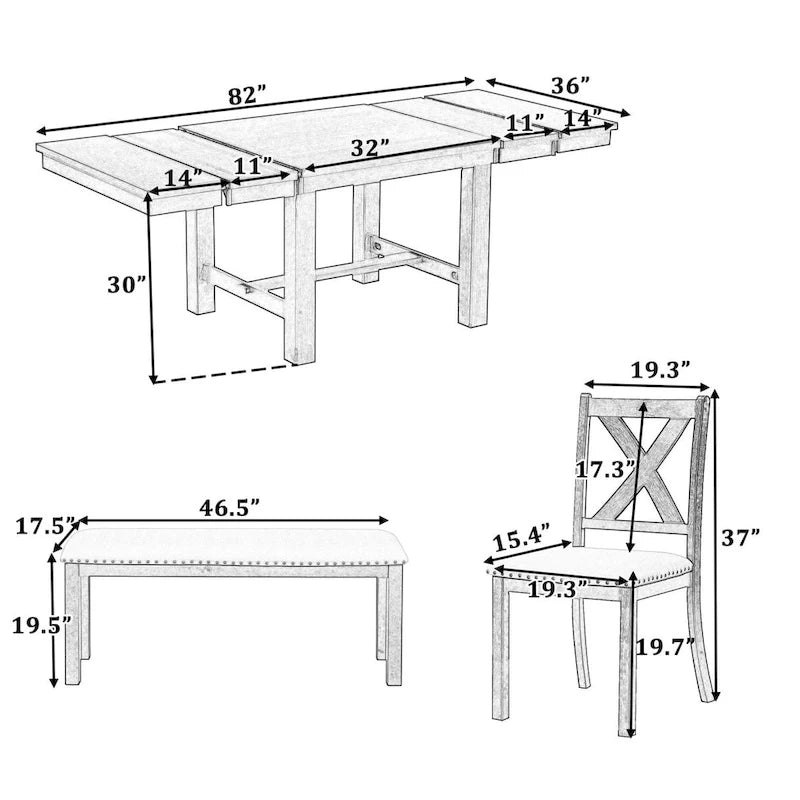 Ensemble de salle à manger et cuisine 6 pièces, table à manger extensible en bois, 4 chaises de salle à manger rembourrées et un banc, deux rallonges amovibles de 28 cm